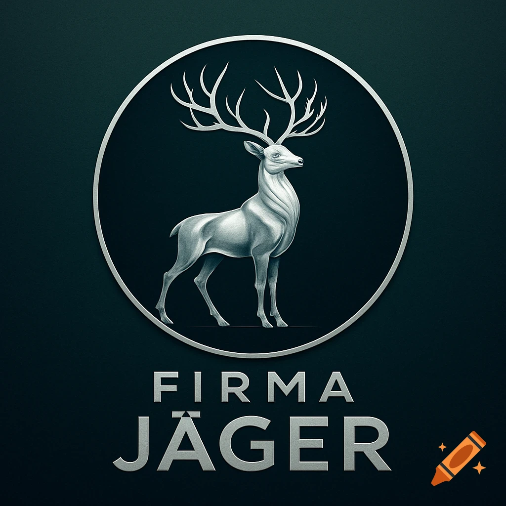 A silver logo featuring a stylized deer with antlers within a circle, with 'FIRMA JÄGER' text below.