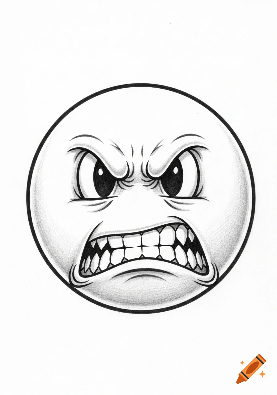 Black and white pencil drawing of an angry, furious emoji face with furrowed brows and bared teeth.