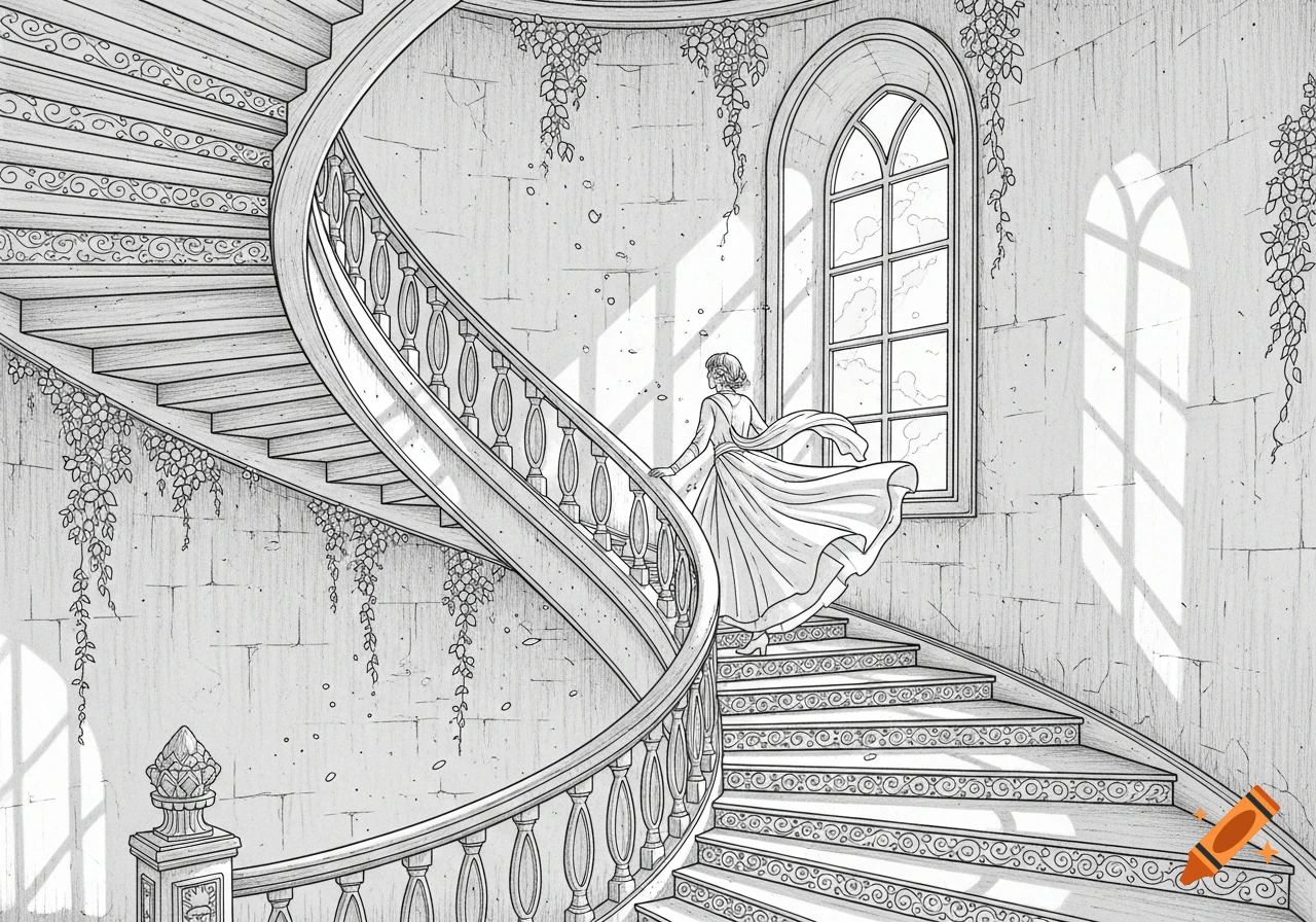 Black and white line drawing of a person in a dress ascending a grand spiral staircase next to an arched window.