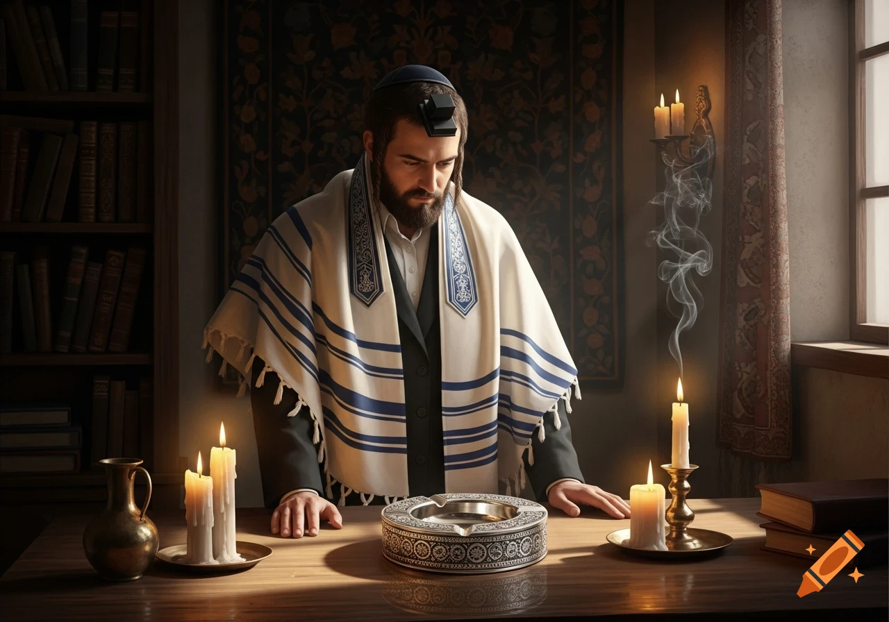 A Jewish man in a tallit and kippah stands thoughtfully at a candlelit wooden table with books and a decorative bowl, photorealistic style.