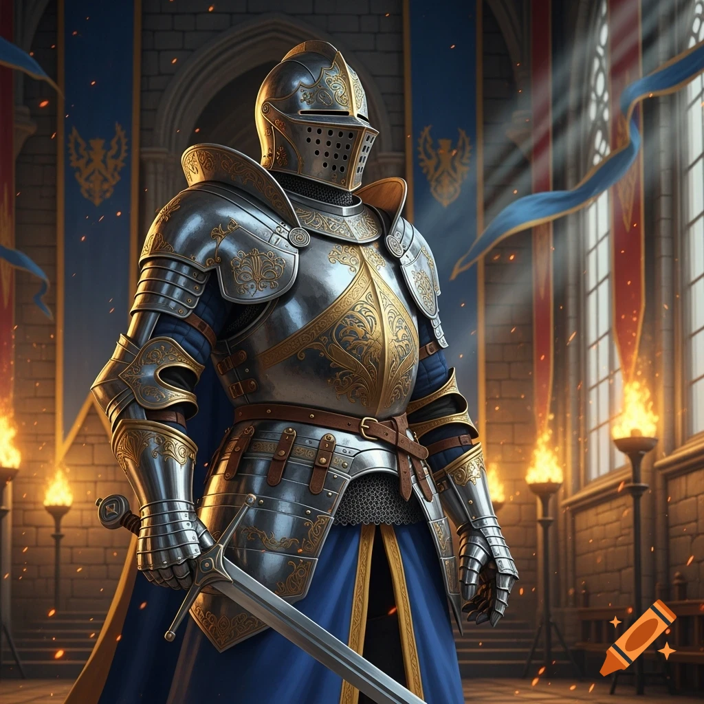 A knight in ornate, silver and gold armor stands holding a sword in a grand medieval castle hall with torches and banners.