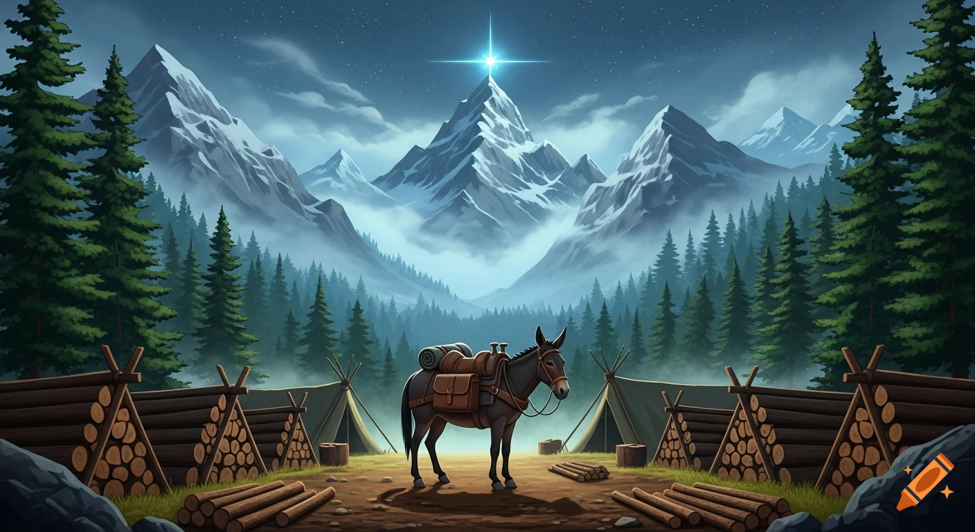 An illustrated night scene of a campsite with a saddled mule, tents, and logs, framed by pine forests and mountains under a starry sky with a bright north star.