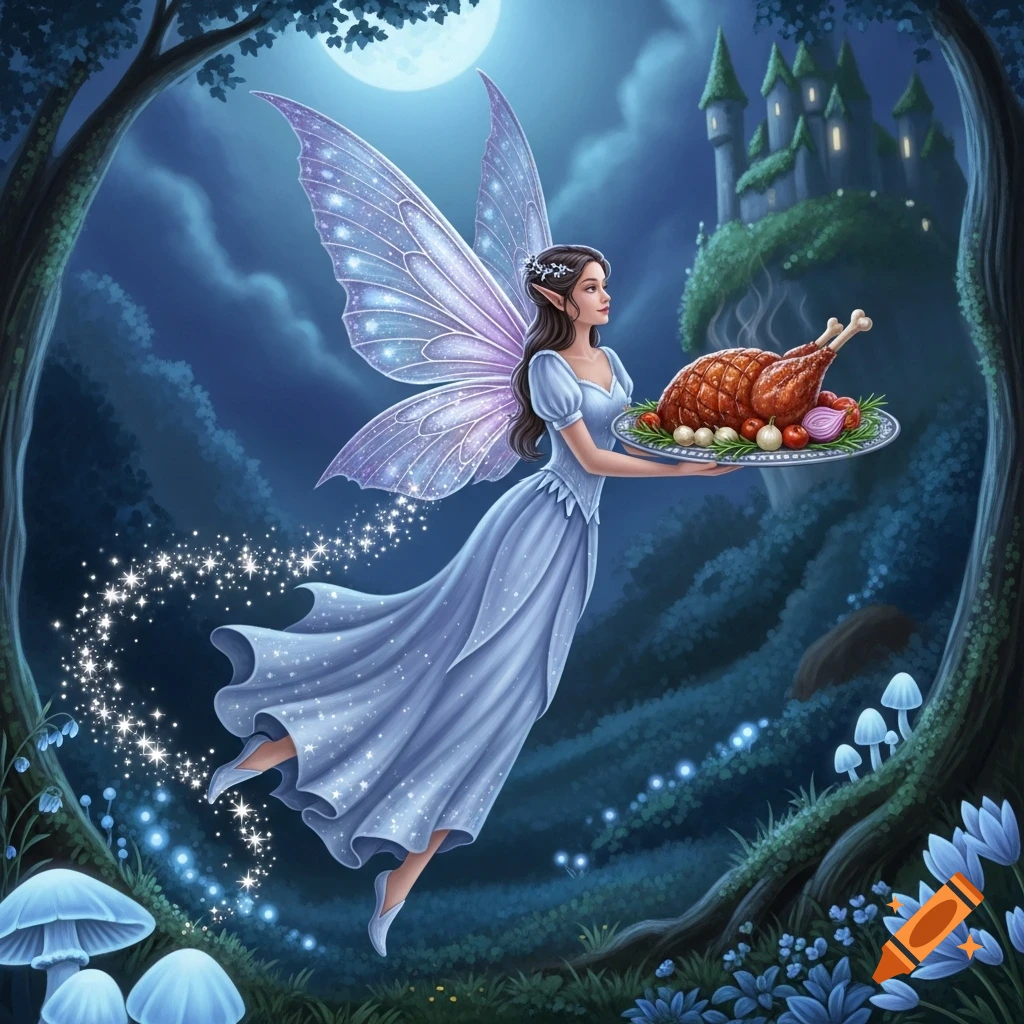 A fairy with shimmering wings flies through a moonlit forest, carrying a platter with a roast and vegetables towards a distant castle.