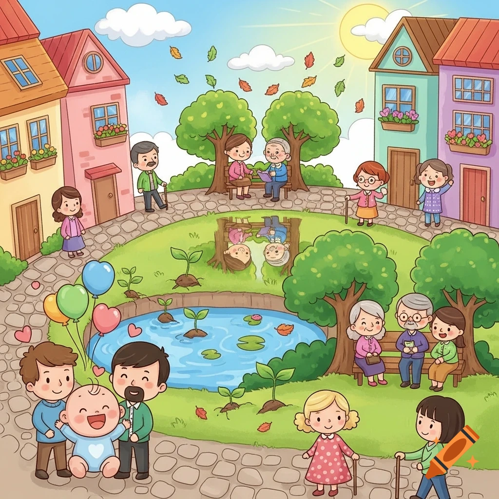 Cute cartoon illustration of diverse families and people of all ages in a vibrant park with houses and a pond.