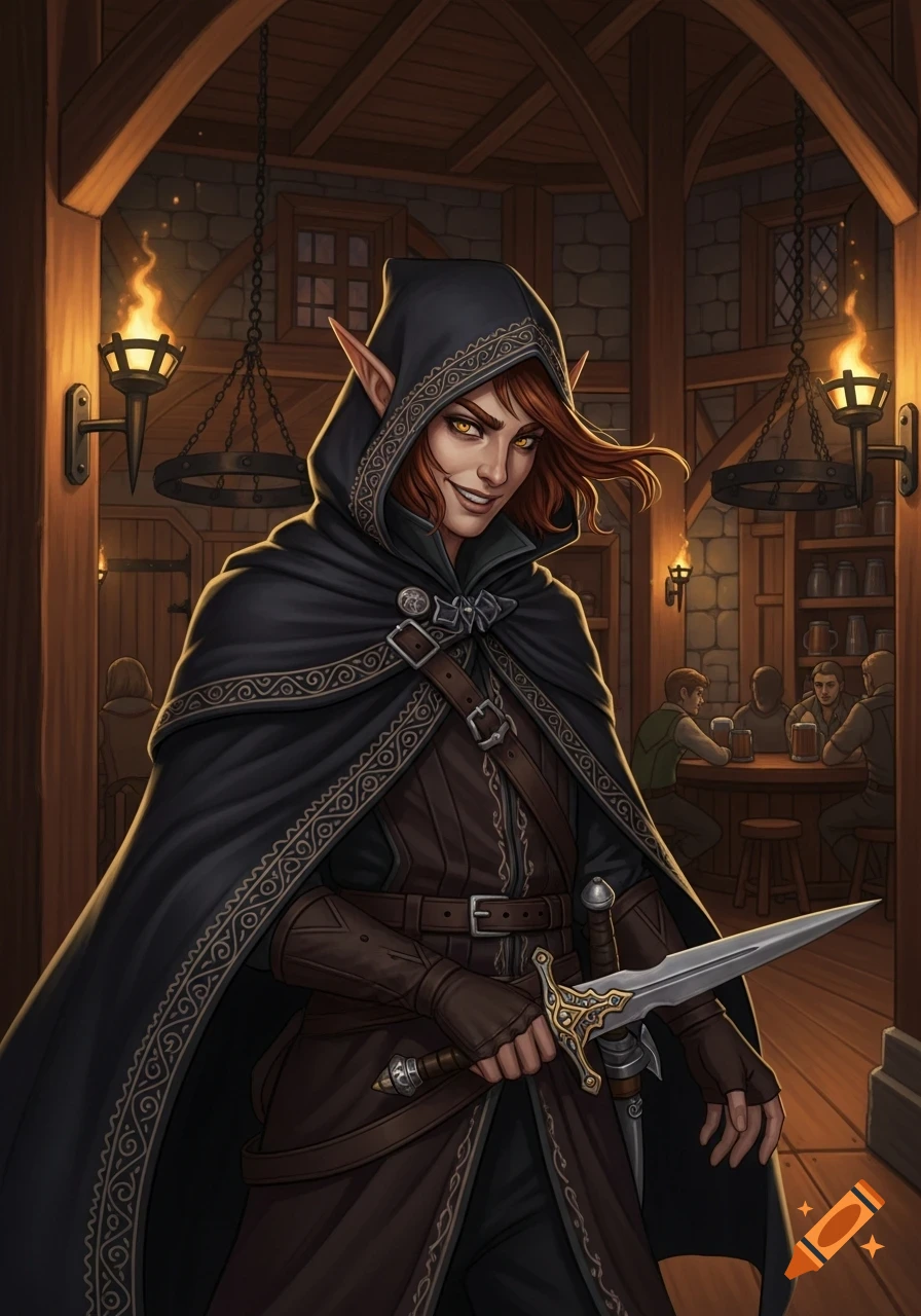 A smirking hooded elf rogue with a dagger in a dimly lit fantasy tavern, digital painting.