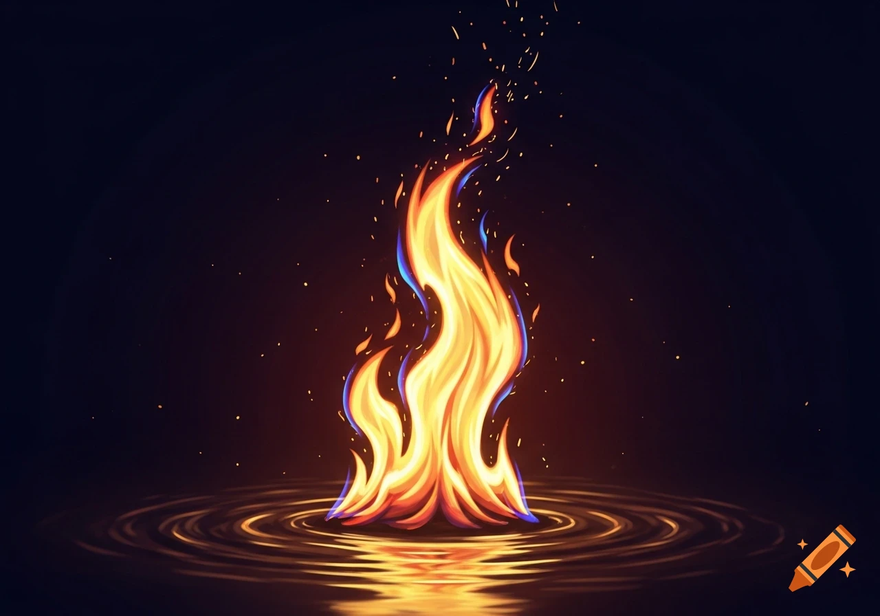 A vibrant, stylized single flame with orange, yellow, and blue hues, reflecting on a dark, rippling surface.
