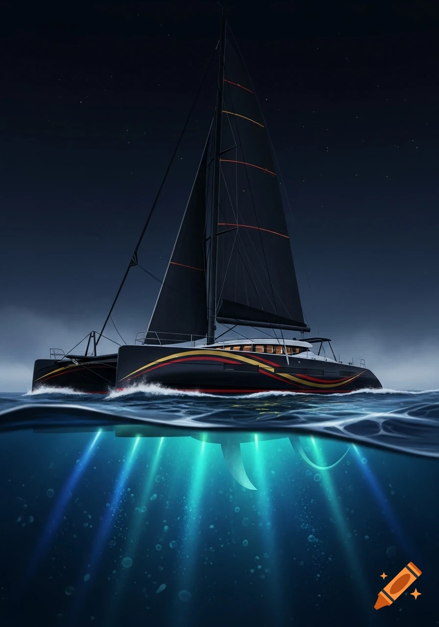 A black sailing catamaran with red and gold stripes glides on dark wavy water under a starry night sky, with glowing blue and green underwater lights.