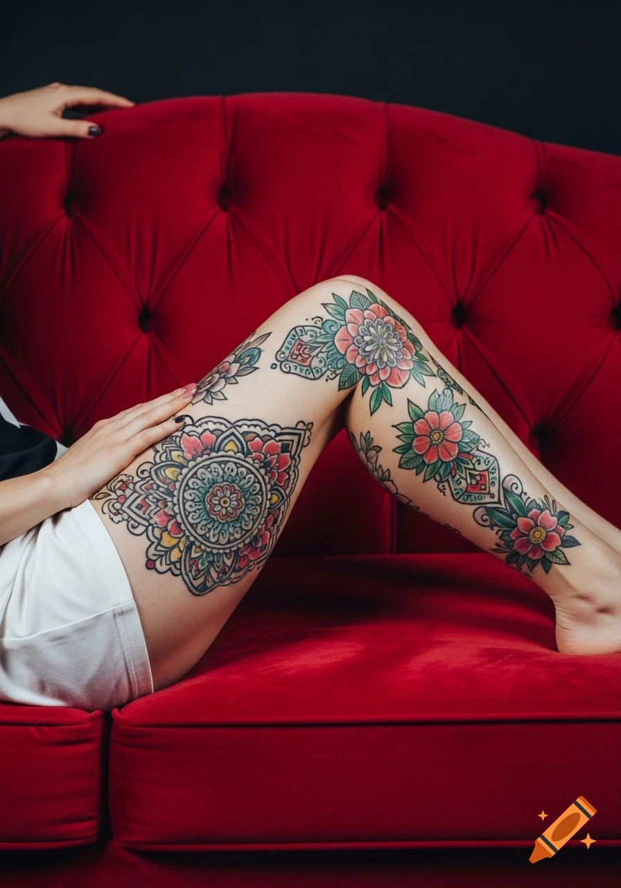 Woman's legs covered in colorful floral and mandala tattoos, resting on a red velvet couch.