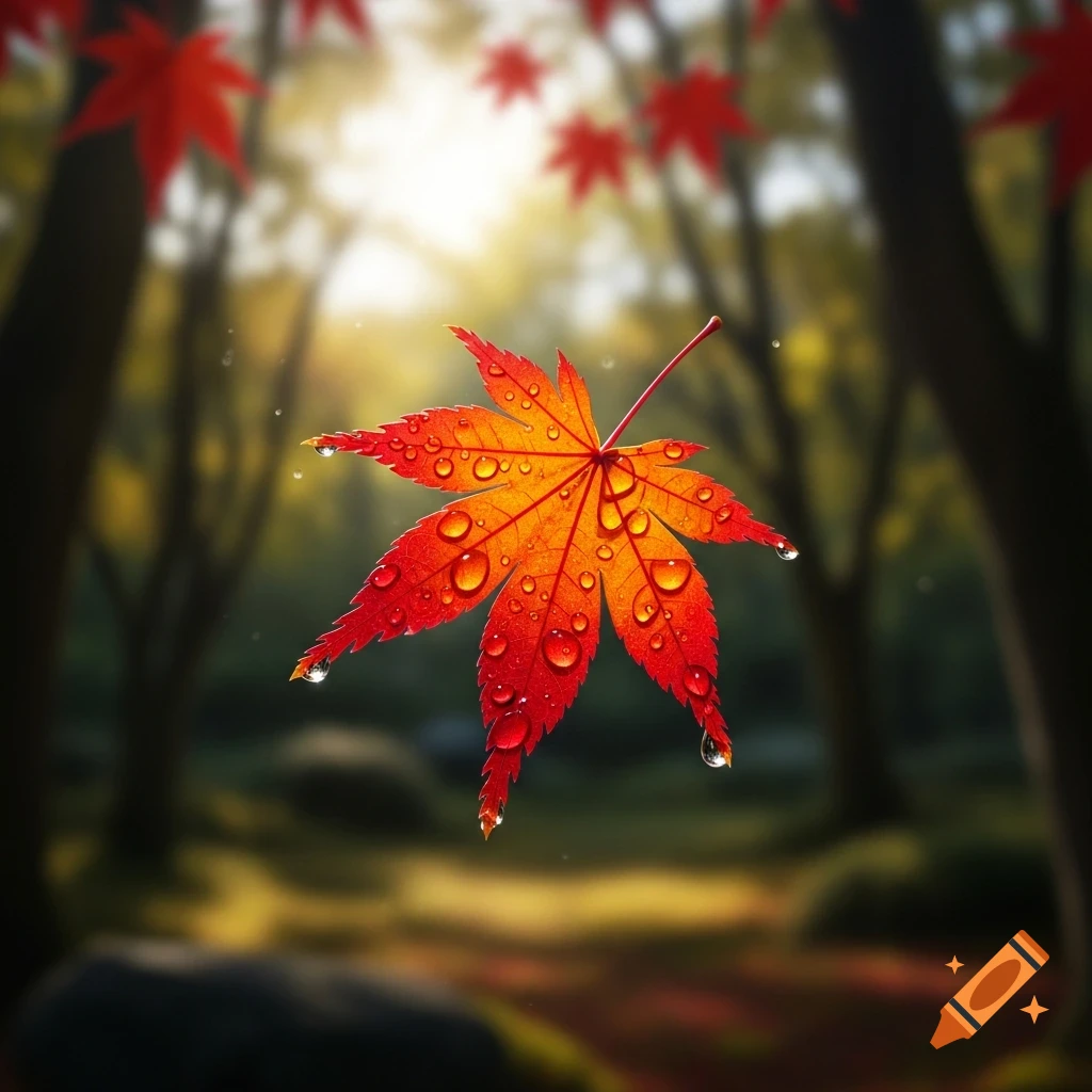 Close-up of a vibrant red and orange Japanese maple leaf with water droplets, floating in a sunlit, blurred forest background.