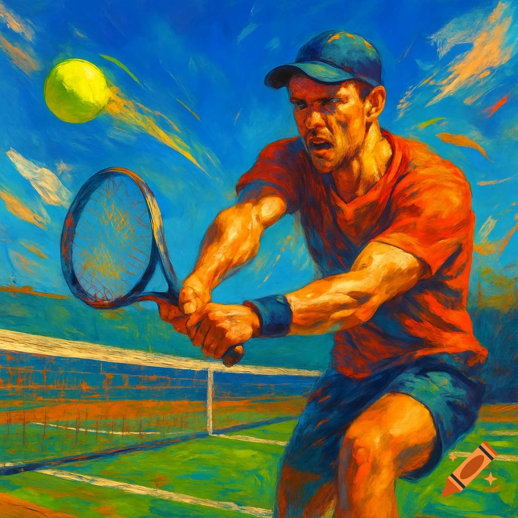 A man in a blue cap and orange shirt aggressively hits a tennis ball on a green court, painted in a vibrant, expressive style.
