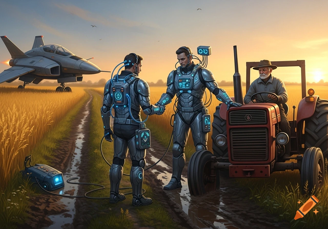 Two futuristic technicians in advanced suits interact with a farmer on a tractor in a muddy field at sunset, with a jet nearby.