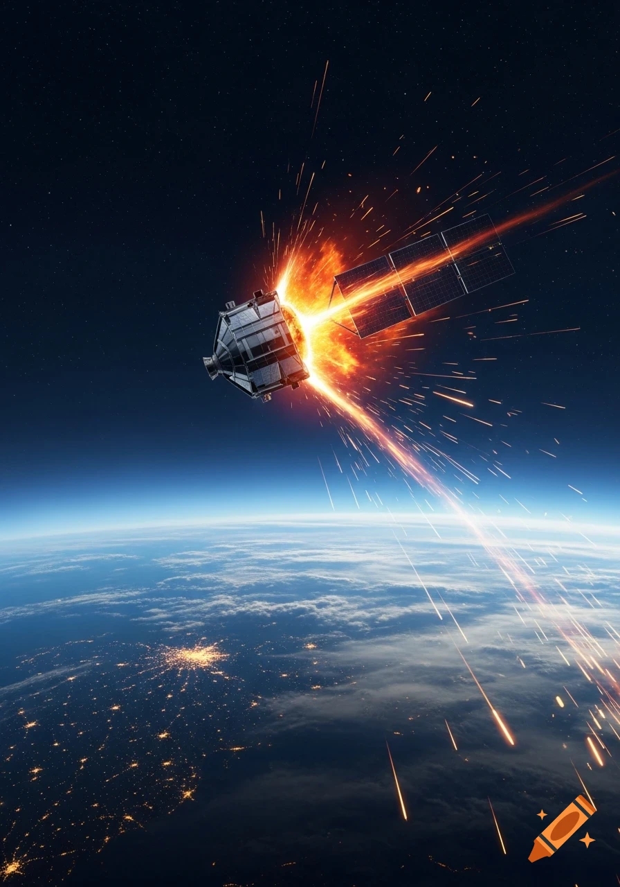 Photorealistic view of a satellite burning up spectacularly as it re-enters Earth's atmosphere, with city lights visible below.