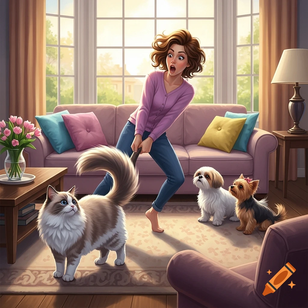 A cartoon woman with wide eyes holds a fluffy cat's tail, seemingly pulled by it, while two small dogs watch in a brightly lit living room.