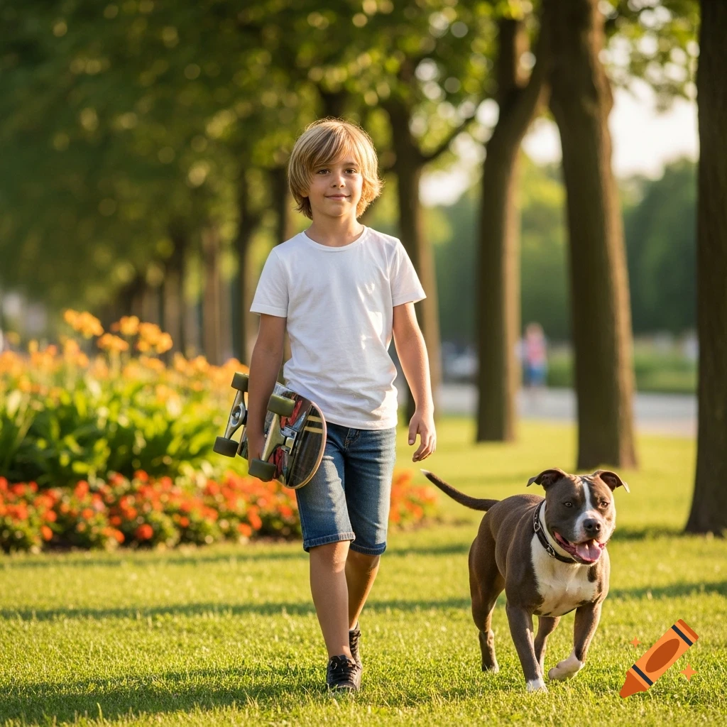 A blond boy holding a skateboard walks through a sunny park with his pitbull dog.