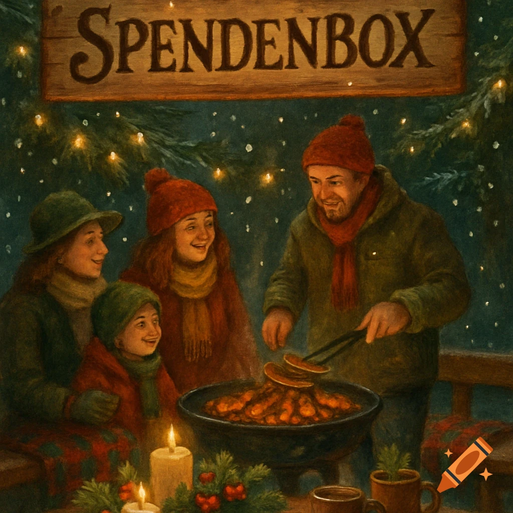 A family grills sausages at a festive Christmas market stall with a 'SPENDENBOX' sign overhead, in a warm, painterly style.