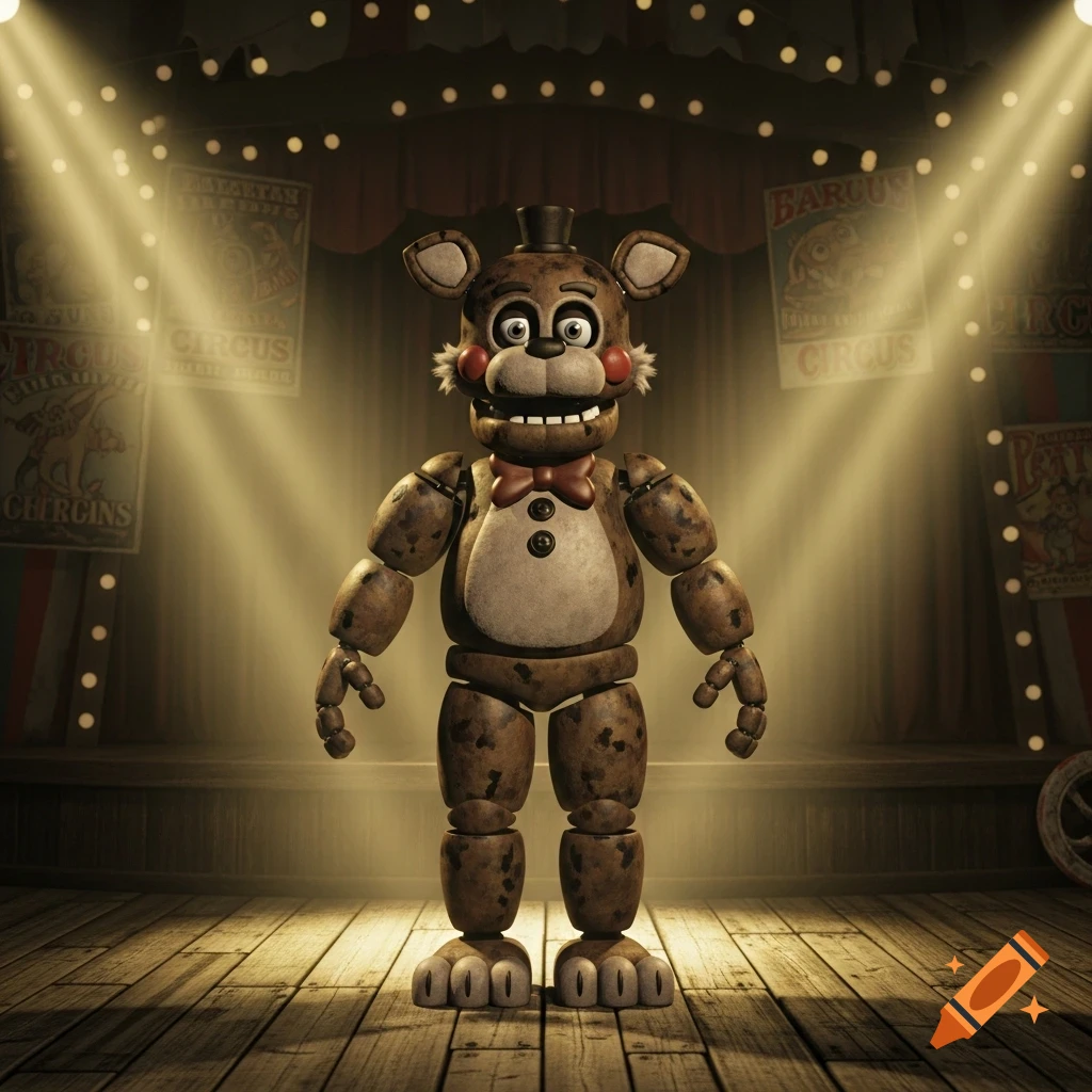 A vintage brown animatronic bear with a red bow tie stands on a wooden stage under spotlights, with circus posters in the background.