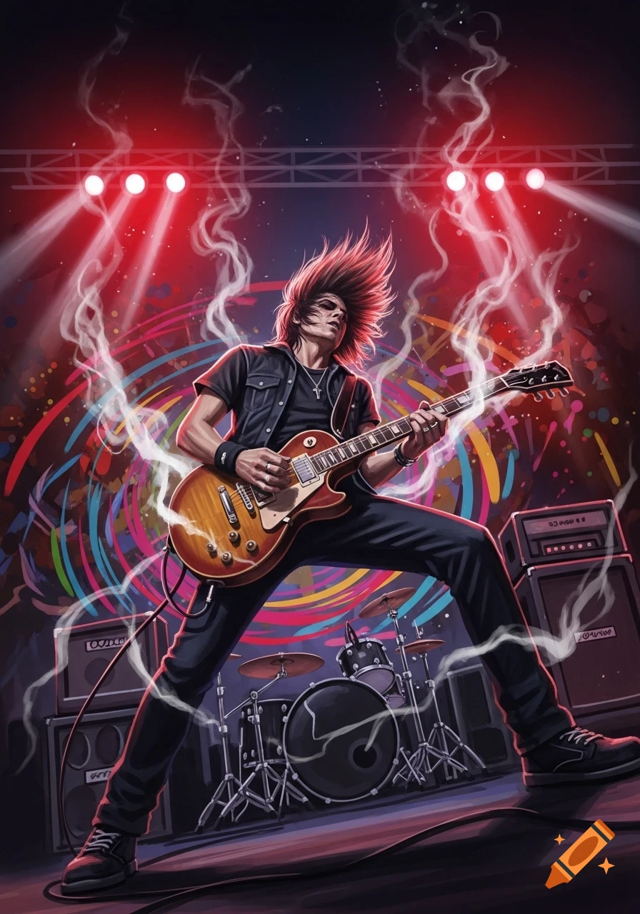 A stylized illustration of a hard rock guitarist with spiky hair performing on stage under red lights, surrounded by smoke.