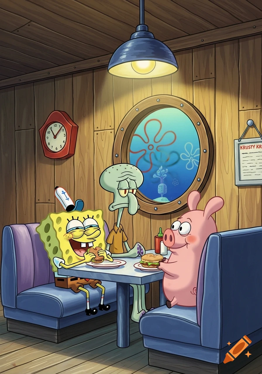 Spongebob Squarepants, Squidward Tentacles, and a pink pig character eat burgers at a table in a cartoon restaurant with wood paneling.