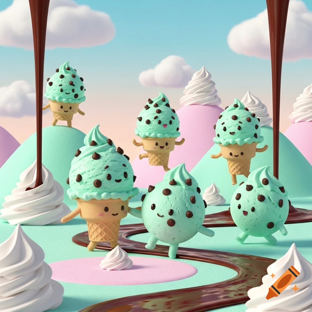 Cute mint chocolate chip ice cream characters with faces and limbs walk in a whimsical candy land with chocolate rivers.