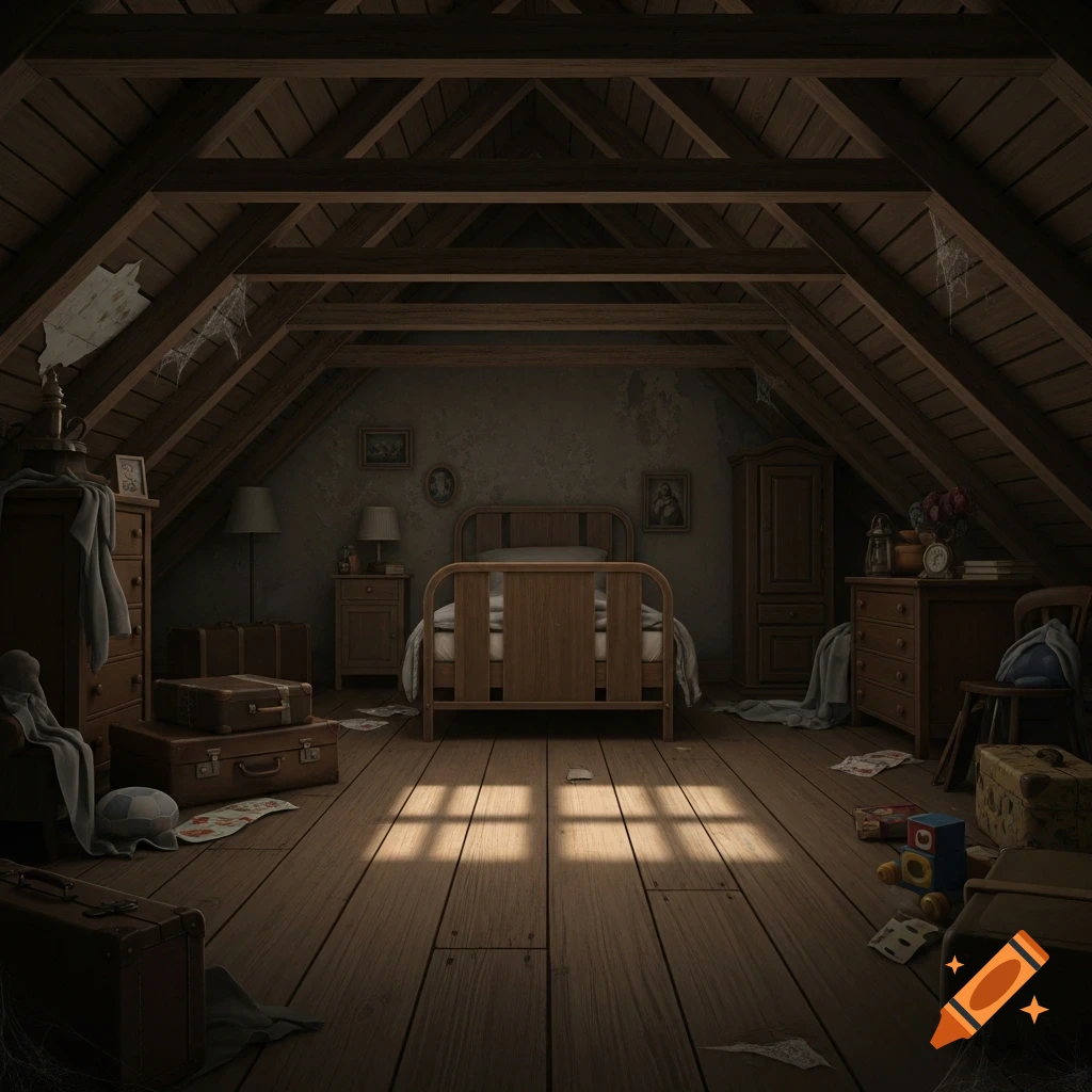 A dimly lit, dusty attic with wooden beams and a bed. Sunlight streams through a hidden window onto the plank floor, illuminating old furniture, suitcases, and scattered items.