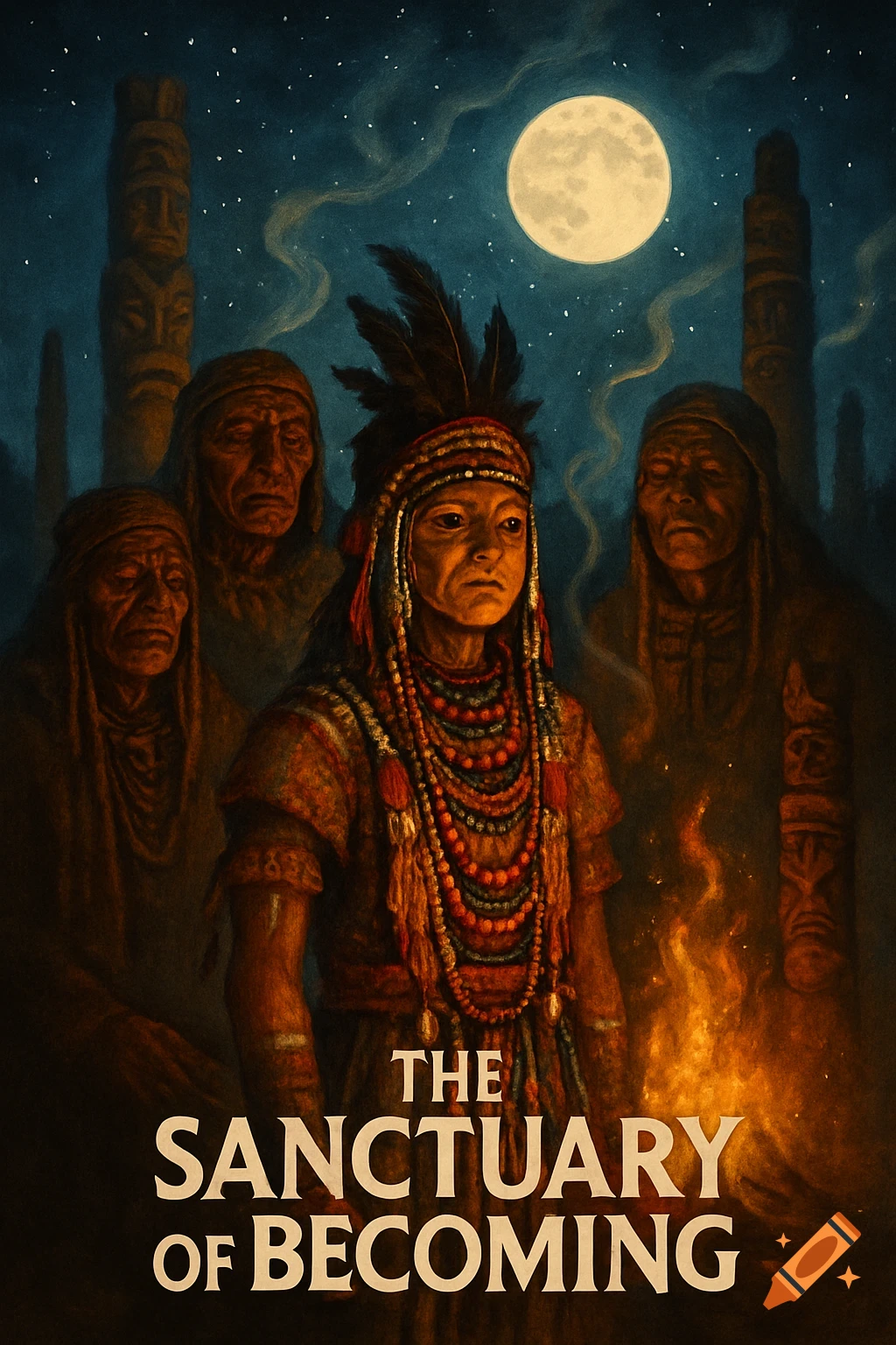 A person in elaborate tribal attire with feathers and beads stands by a campfire, surrounded by somber figures and totem poles under a full moon, with text 'The Sanctuary of Becoming' on a dark, painterly film poster.