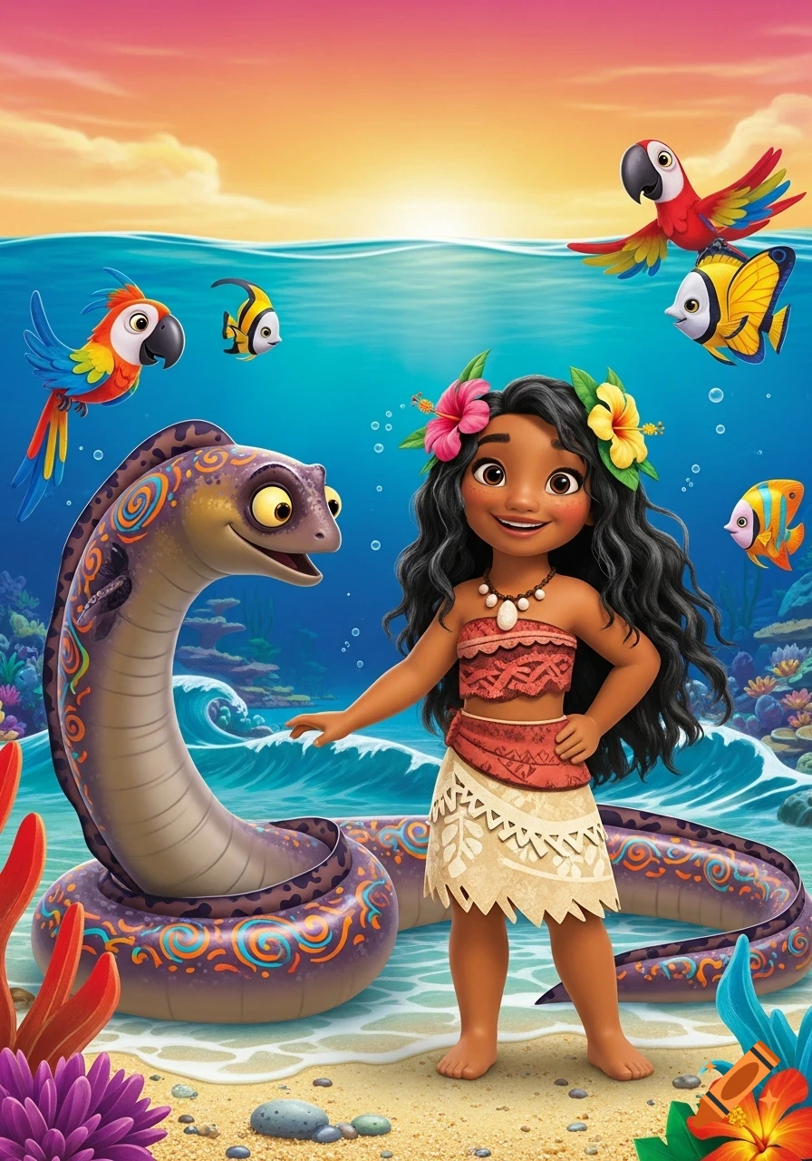 Cartoon Polynesian girl on a beach with a smiling eel, colorful fish, and parrots in a vibrant ocean scene at sunset.