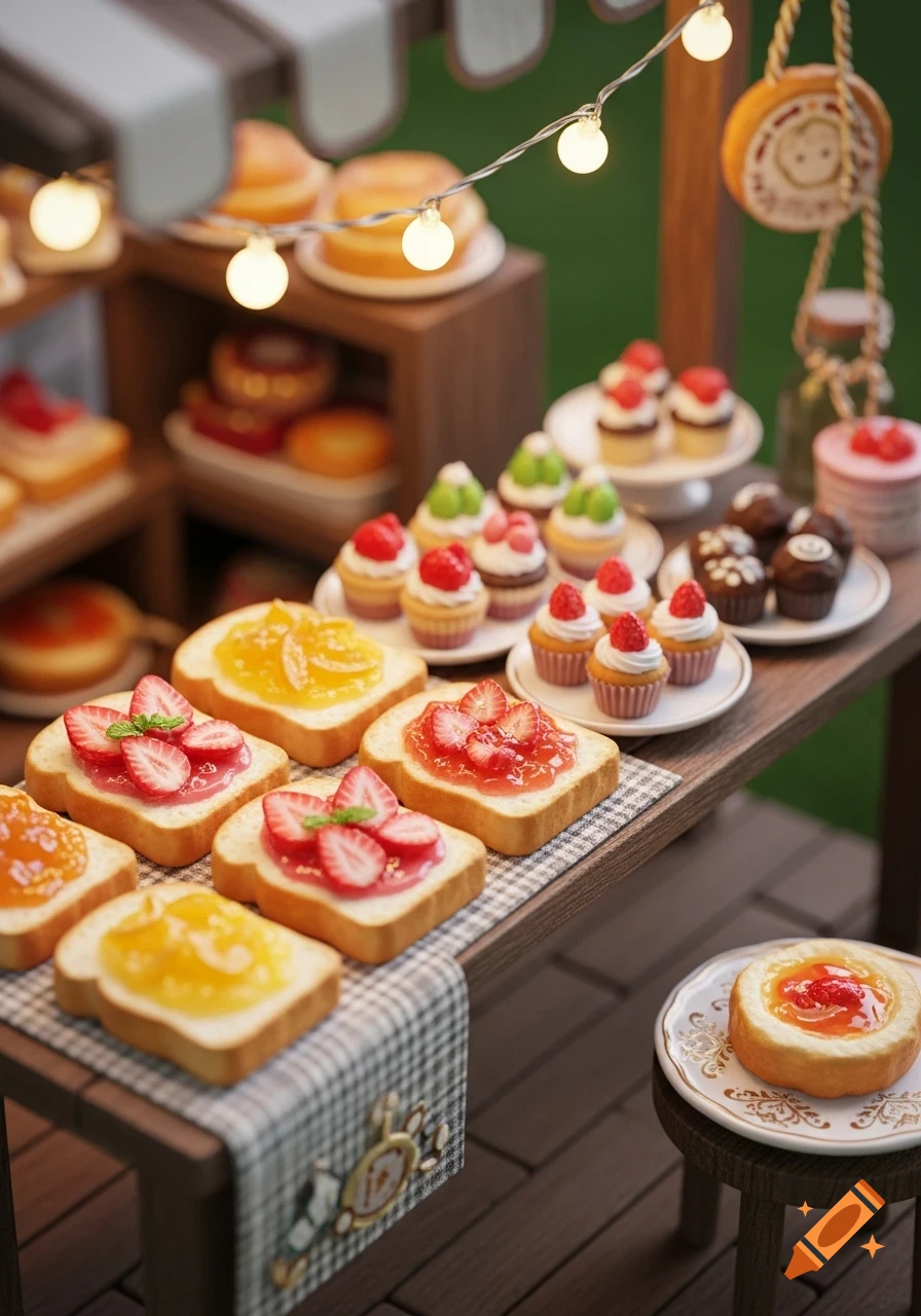 A close-up of a miniature food stand displays toast with strawberry and orange jam, cupcakes, and other desserts.