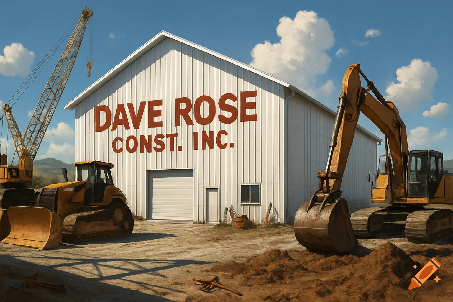 Photorealistic image of a white pole barn with "DAVE ROSE CONST. INC." on its side, surrounded by yellow construction vehicles.
