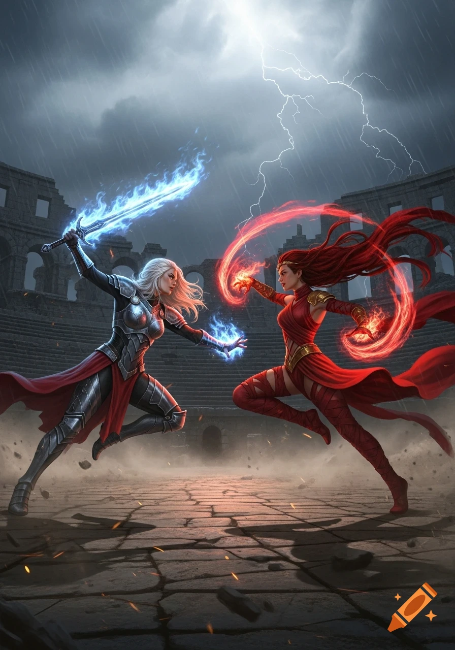 Two female fantasy warriors with a glowing blue sword and red magic battle in a ruined arena under a stormy, lightning-filled sky.