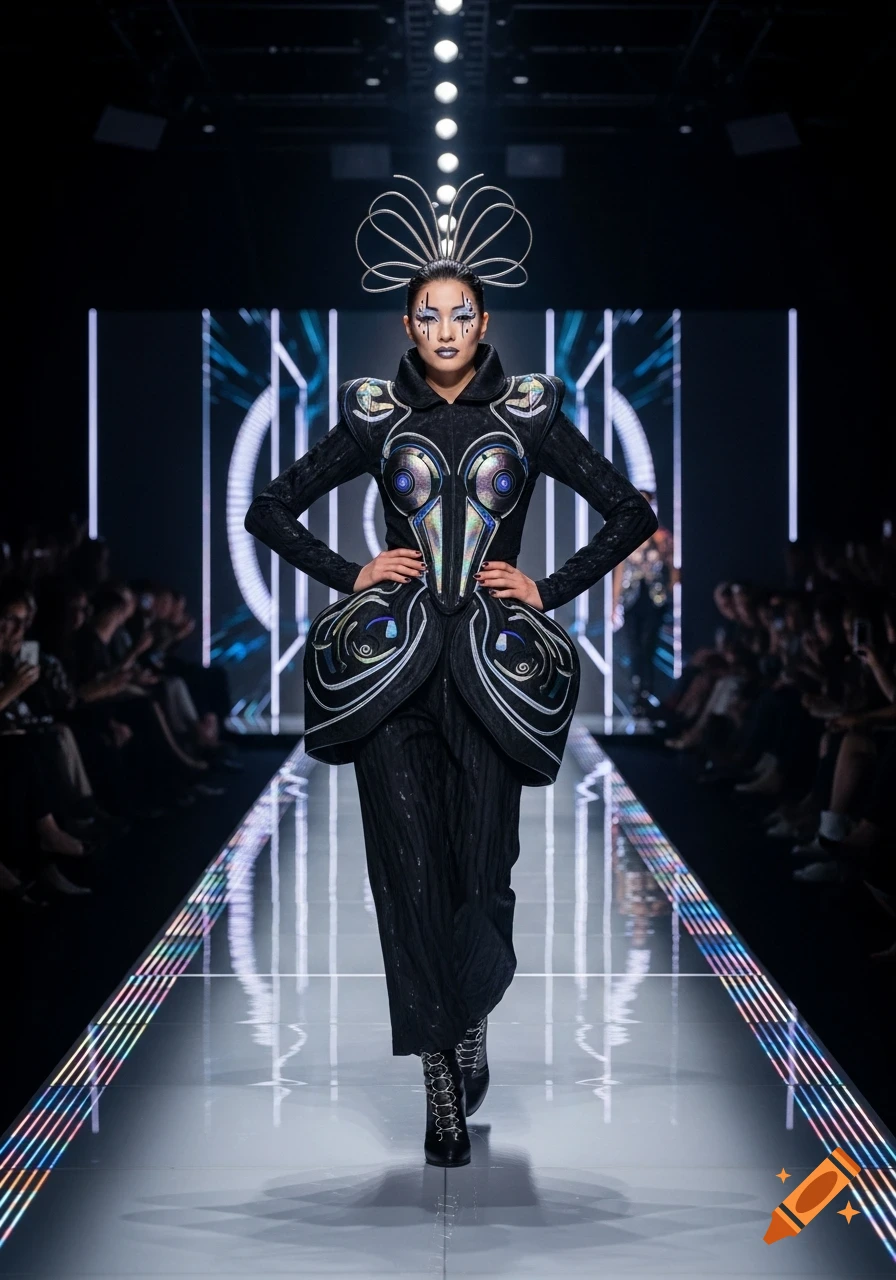 A model walks down a dark runway in a striking black and silver futuristic high-fashion suit with elaborate headwear and makeup.
