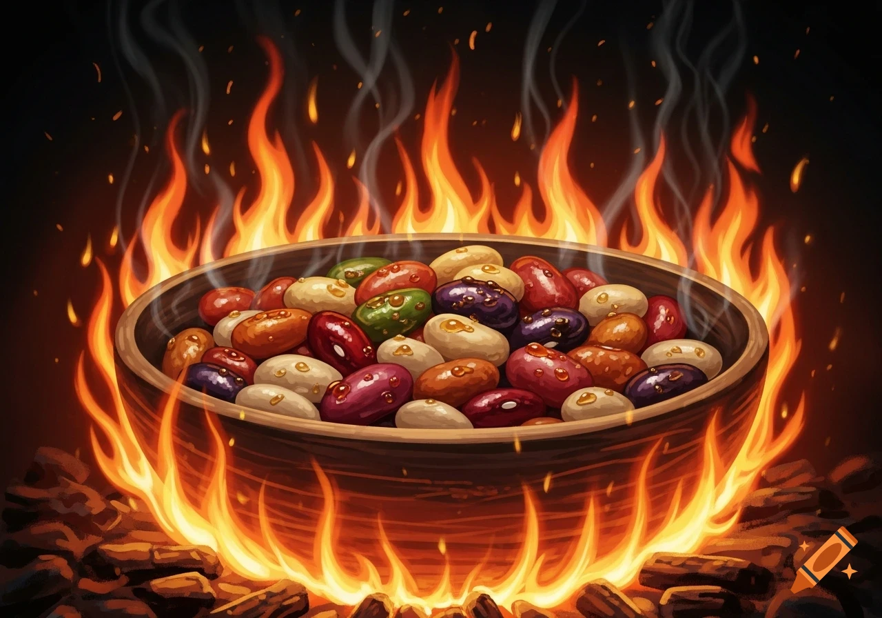 A wooden bowl filled with various colorful beans, surrounded by bright flames and smoke, in an illustrative style.