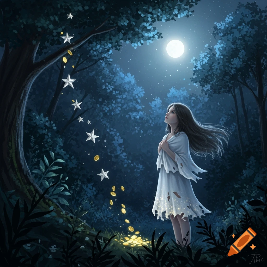 A young girl with long hair and a torn white dress looks up at a full moon in a magical dark forest as stars and gold coins fall around her, digital art.