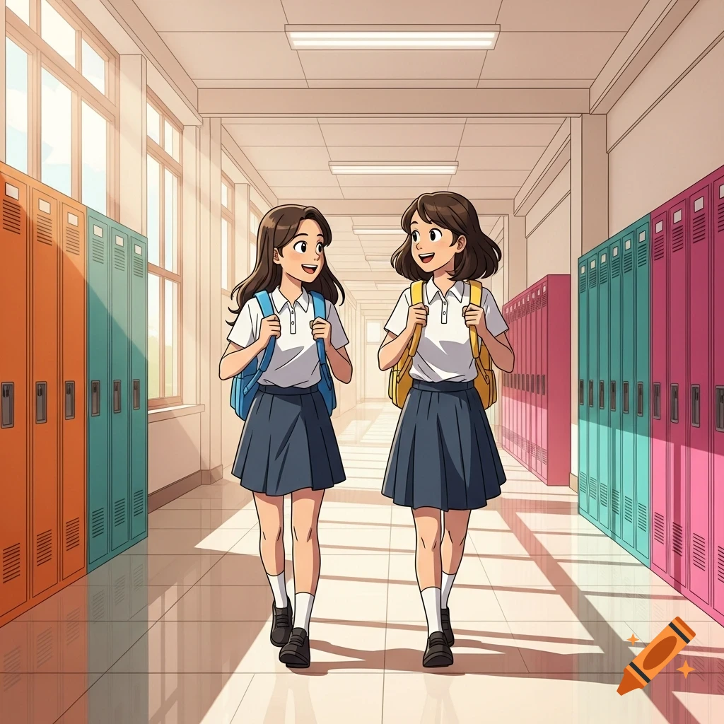 Two smiling anime schoolgirls with backpacks walk down a bright hallway lined with colorful lockers.