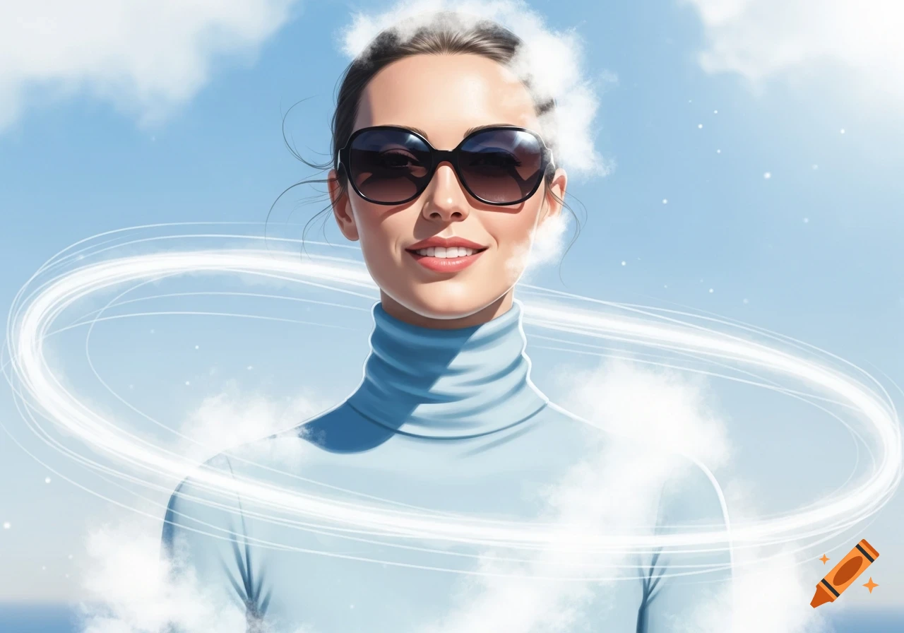 Smiling woman in light blue turtleneck and sunglasses, with soft clouds and ethereal white lines against a blue sky, dreamy editorial style.