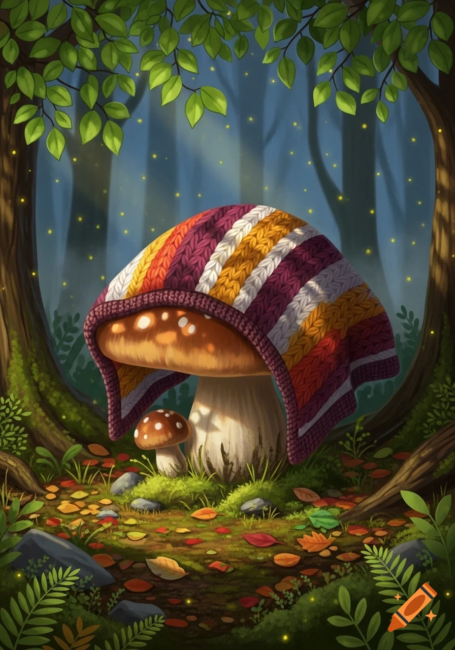 A large mushroom wearing a colorful striped knitted blanket stands next to a small mushroom in a whimsical, glowing forest with fallen leaves.
