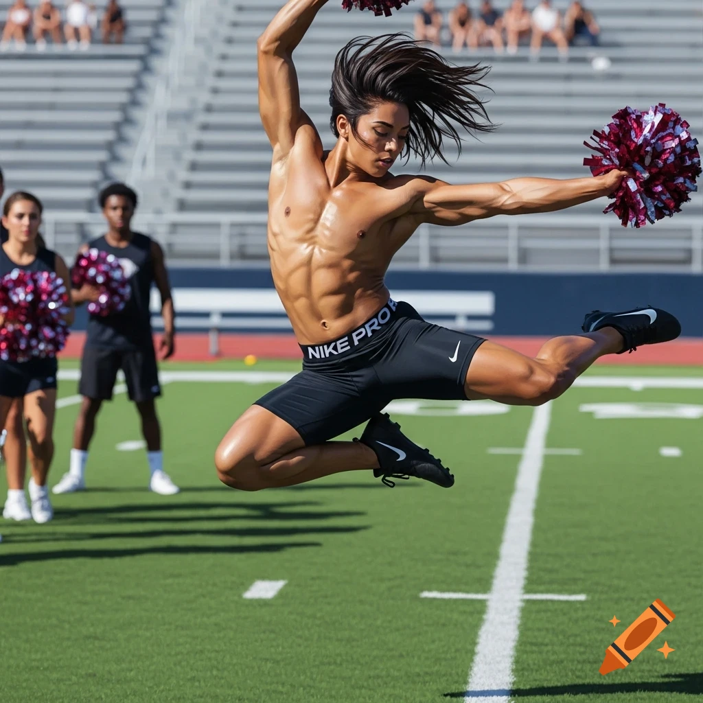 Photorealistic image of a shirtless male cheerleader jumping high on a green sports field, holding maroon pom-poms.