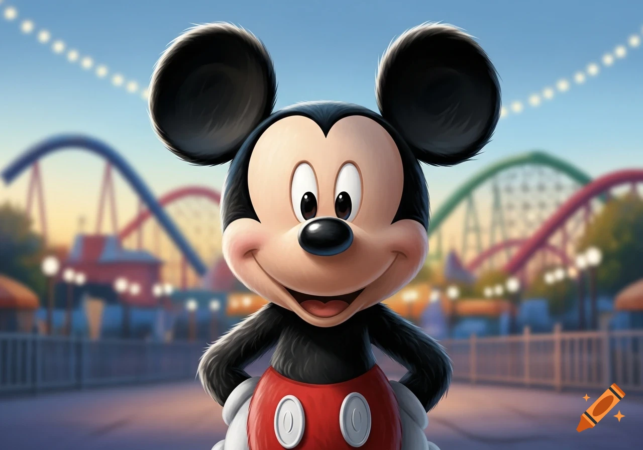 Mickey Mouse smiling, standing in front of a blurred amusement park with roller coasters and string lights.
