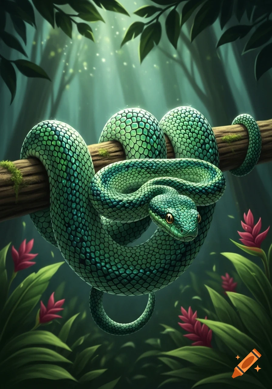 A vibrant green snake with shimmering scales coiled around a mossy tree branch in a sunlit jungle, digital art.