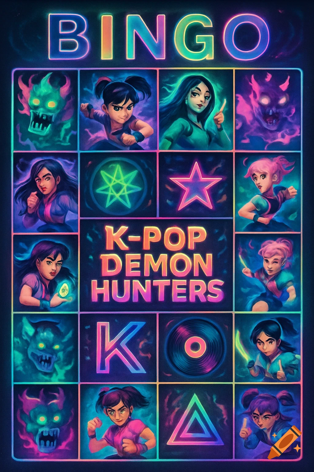 Vibrant neon-lit anime-style 'BINGO' card featuring 'K-POP DEMON HUNTERS' title, female characters, glowing monsters, and symbols in a grid.