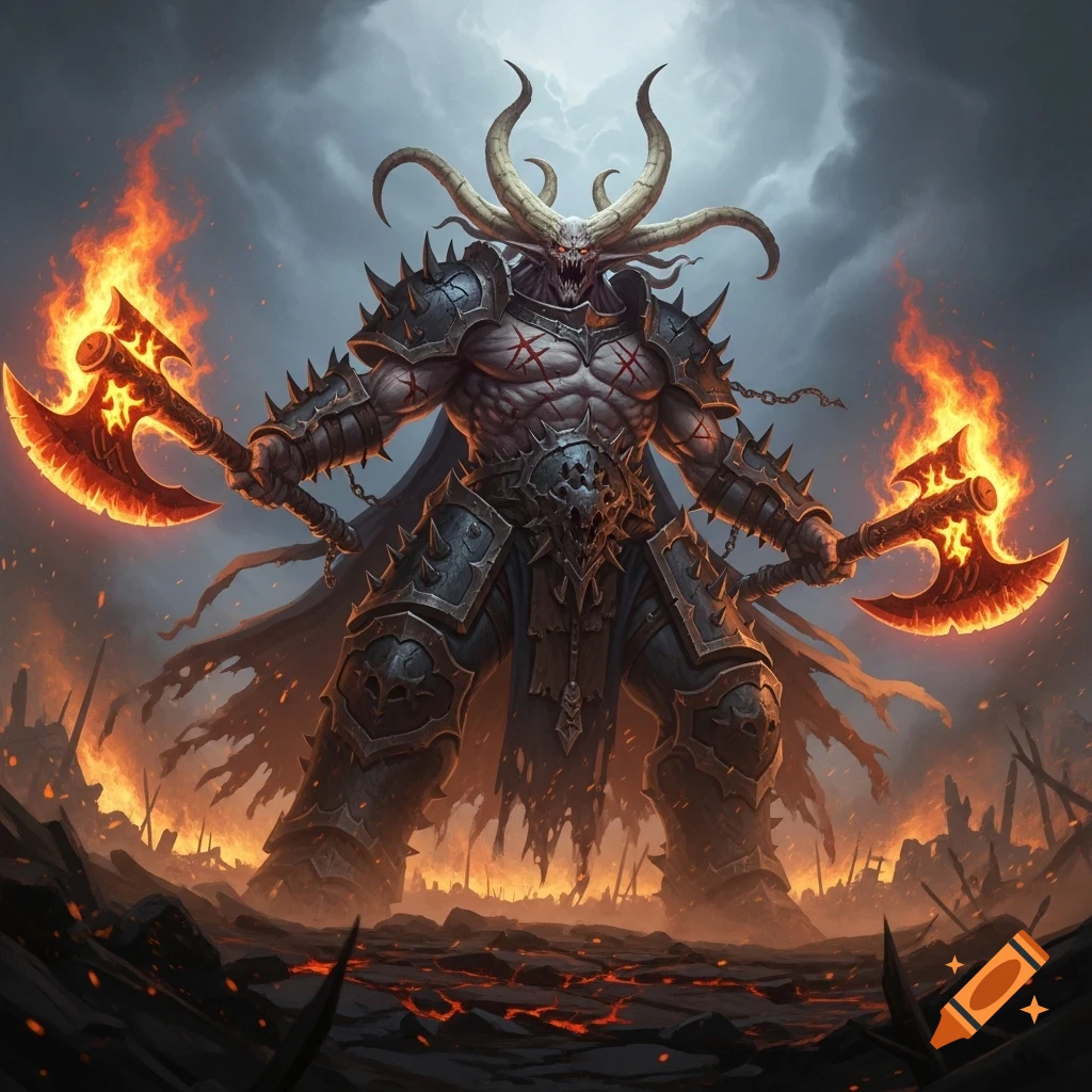 A horned, muscular demon in spiked armor holds two flaming axes in a fiery, desolate landscape under a stormy sky.