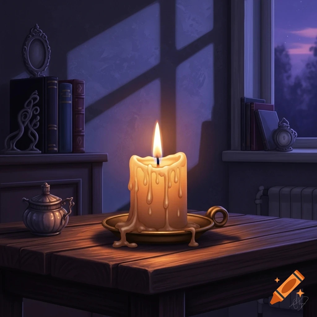 A lit candle with melted wax sits on a gold holder on a wooden table in a dimly lit room, with twilight visible outside a window.