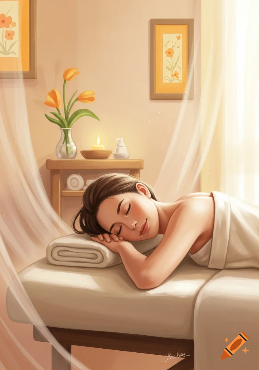 Illustration of a woman peacefully sleeping on a massage table in a warm spa room with flowers and candles.