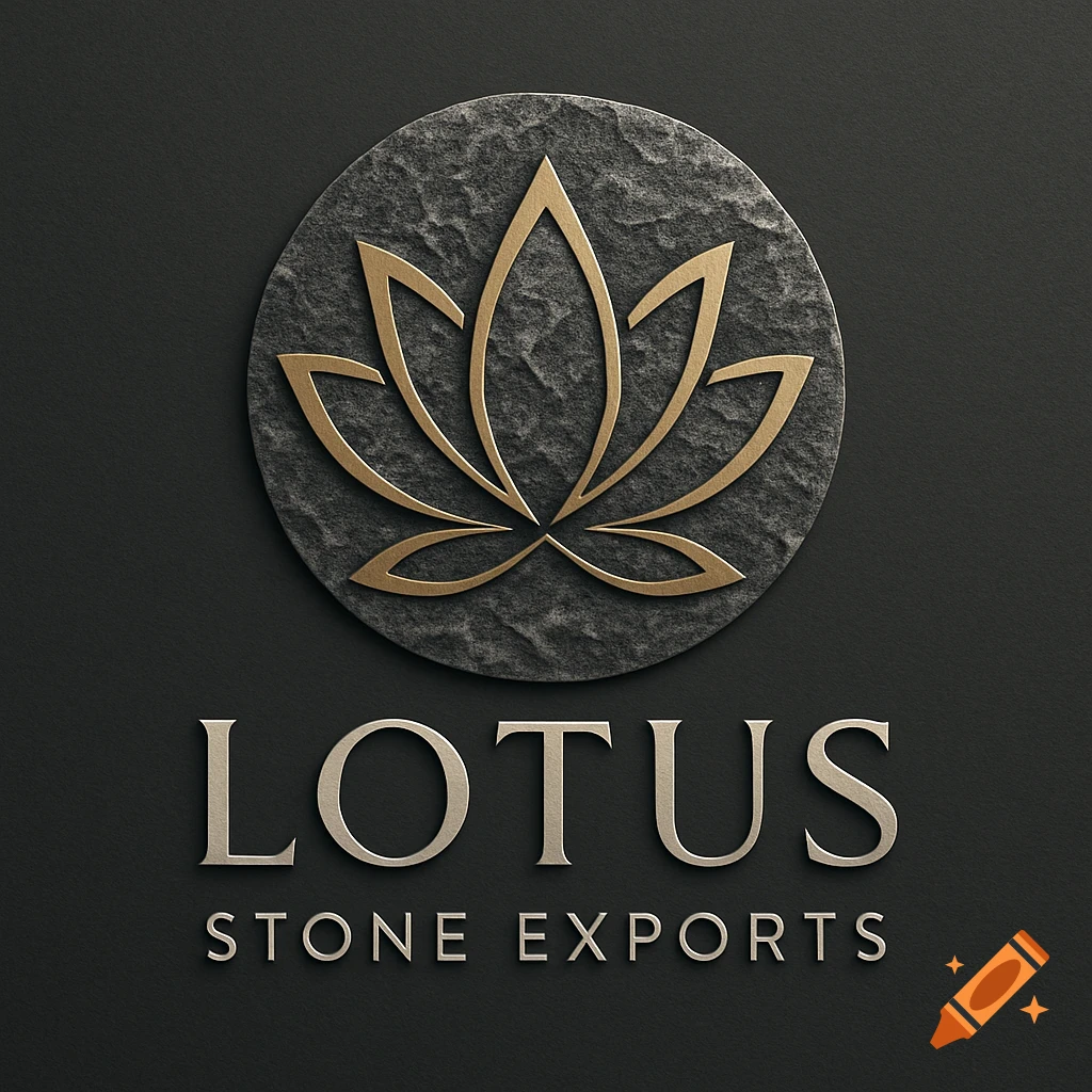 A gold lotus flower symbol on a textured dark gray circular stone, above the gold words 'LOTUS STONE EXPORTS'.