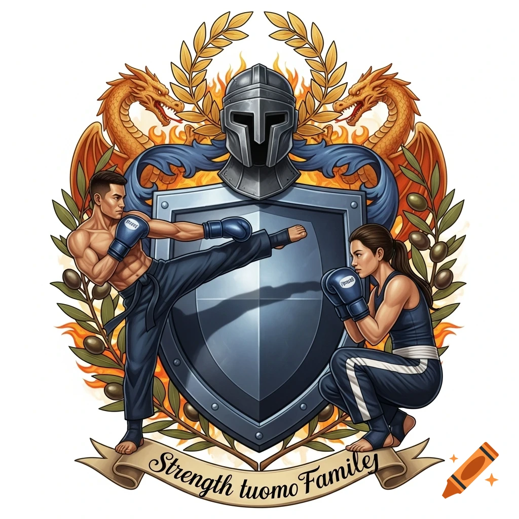 A stylized family crest with a man kicking and a woman crouching, flanked by dragons, a shield, helmet, and olive branches.