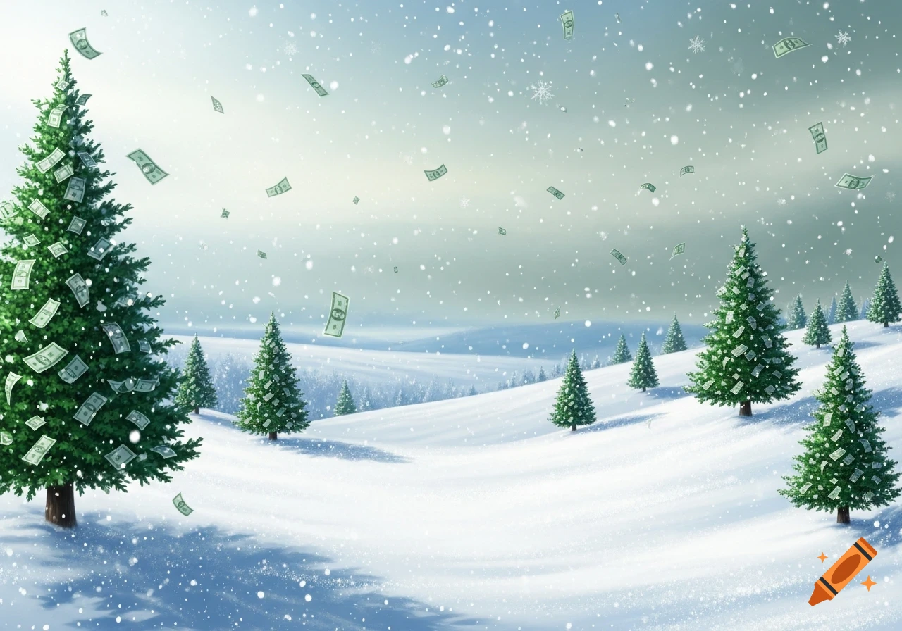 A snowy winter landscape with many Christmas trees, as money bills and snowflakes fall from the sky.