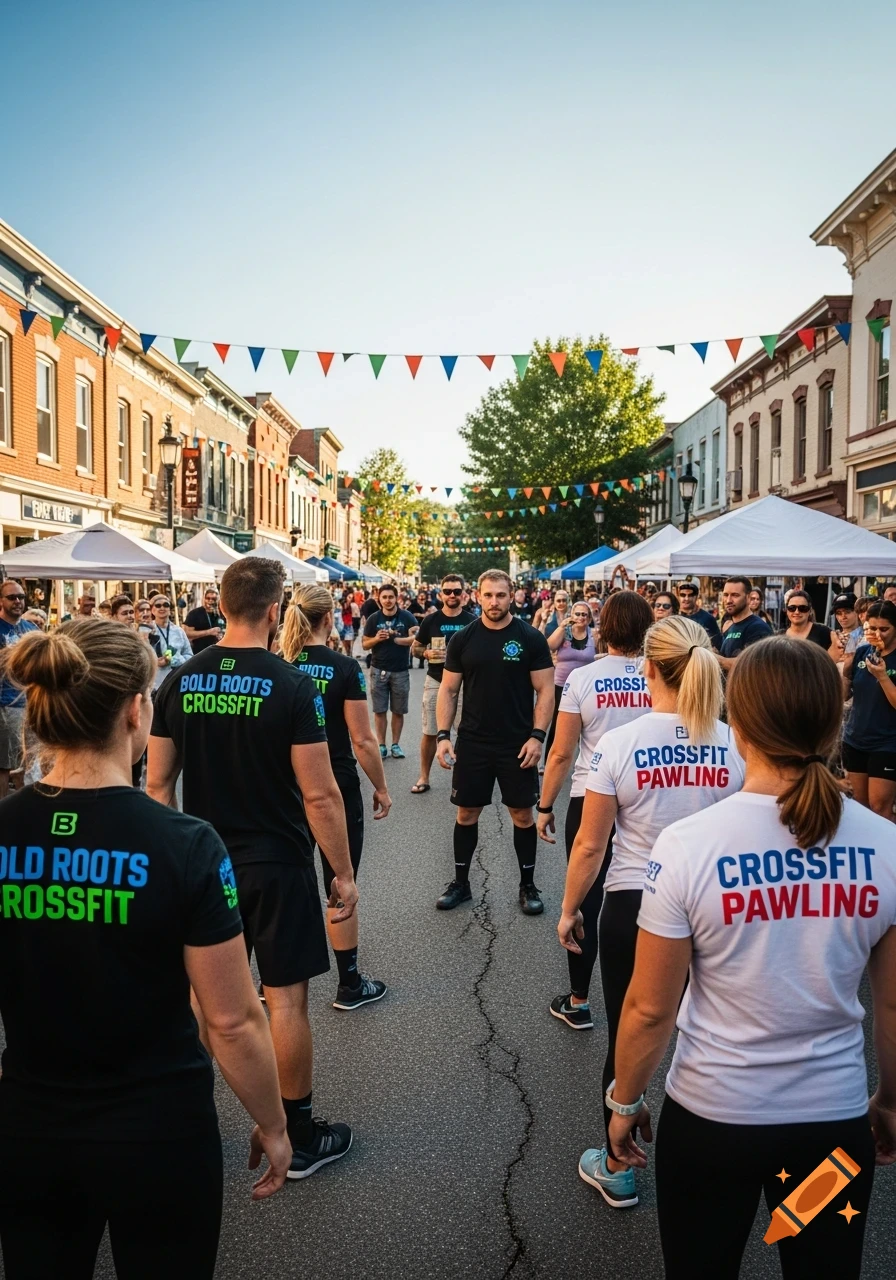 Two groups of people wearing 'Bold Roots CrossFit' and 'CrossFit Pawling' shirts face each other on a lively street adorned with bunting.
