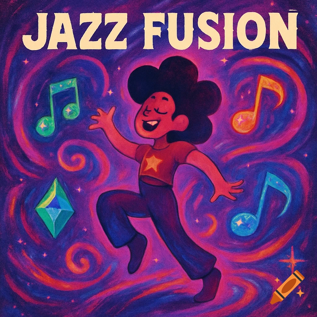 Steven Universe dances joyfully on a vibrant purple, pink, and orange swirling background with musical notes and gems. Text reads 'JAZZ FUSION'.