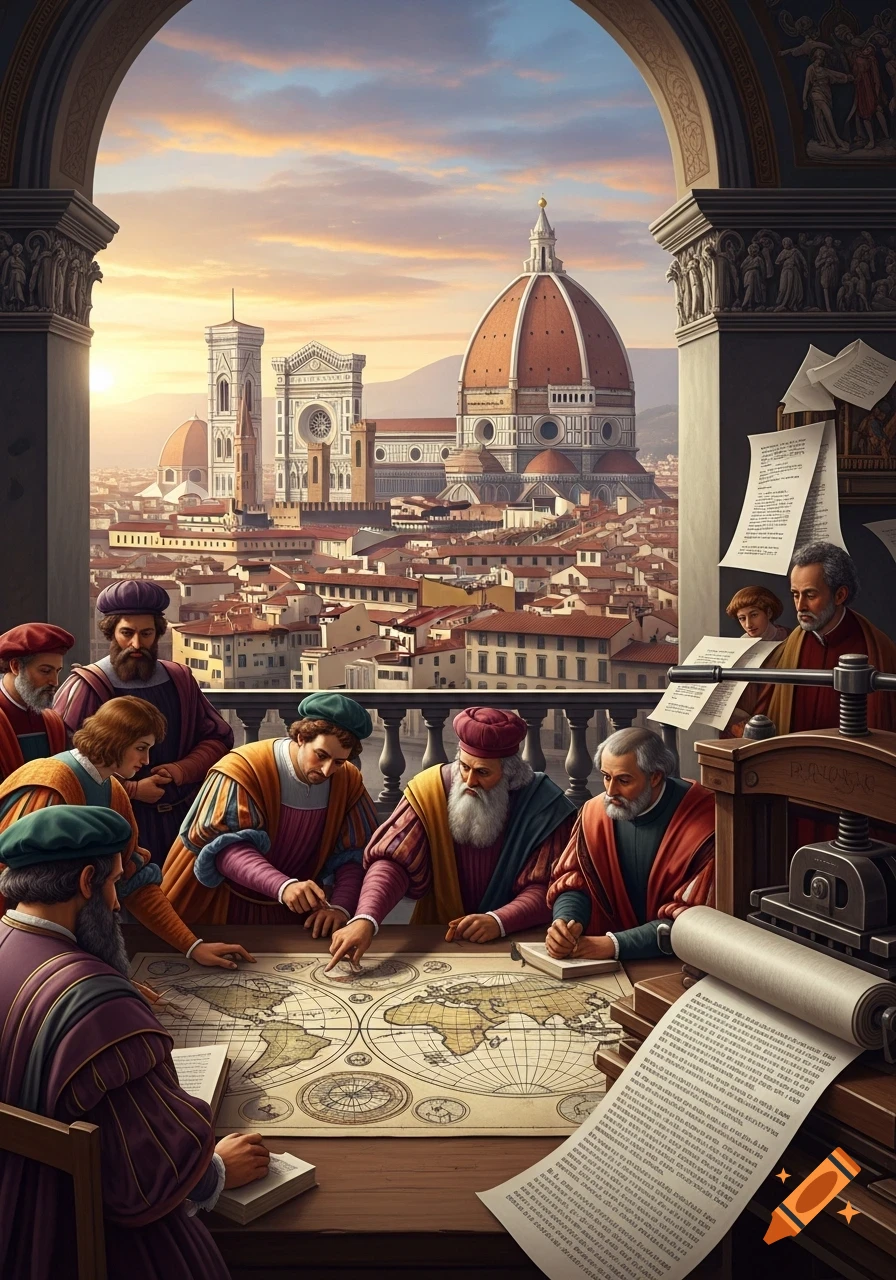 Scholars in Renaissance attire gather around a large world map, with the city of Florence and its iconic Duomo visible through an archway. A printing press is on the right.