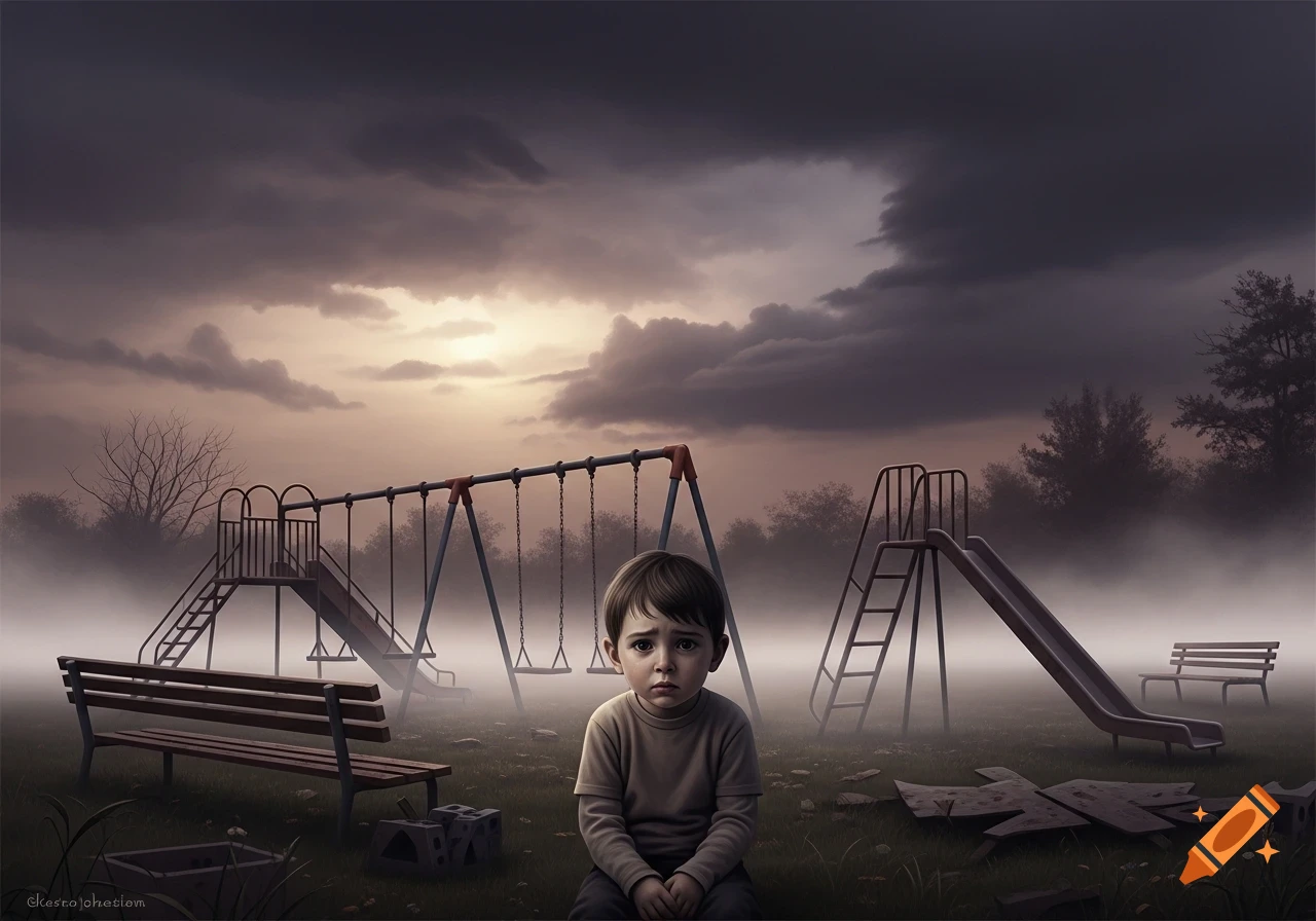 A sad boy sits alone in a foggy, desolate playground under a dark, cloudy sky, digital art.