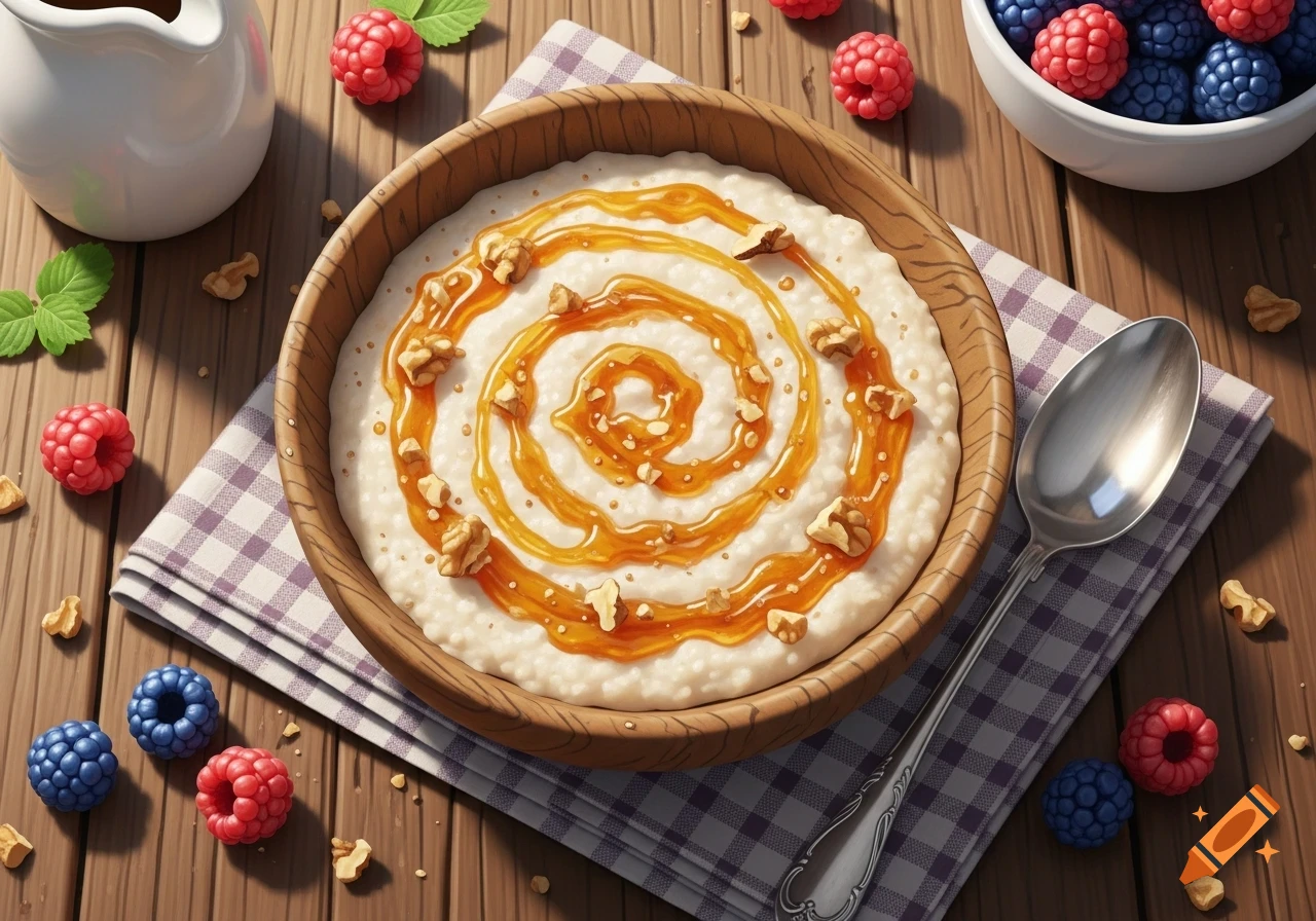 A bowl of porridge with caramel drizzle and walnuts, surrounded by raspberries and blueberries on a wooden table.